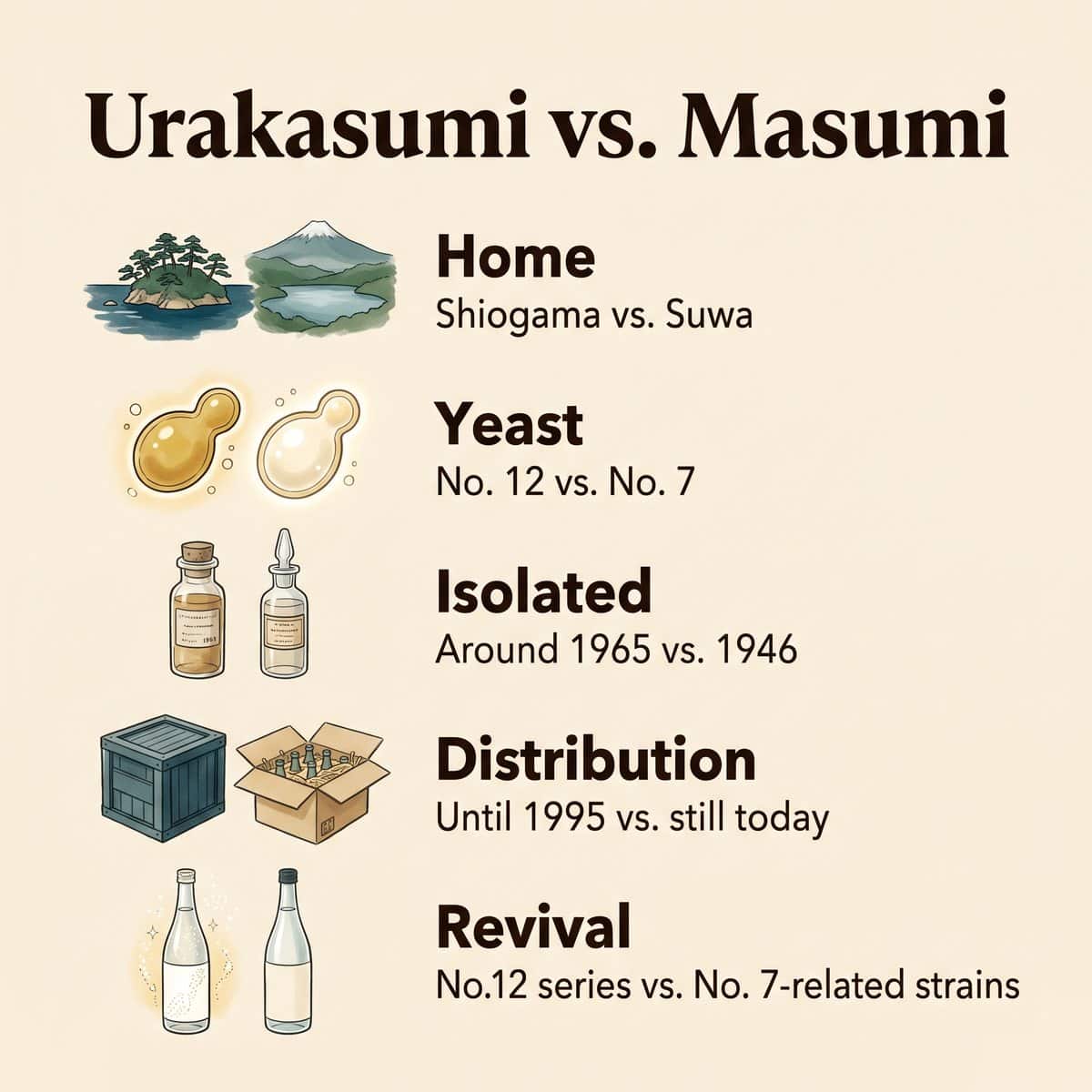 Illustration comparing Urakasumi and Masumi by home, yeast, isolation date, distribution and revival
