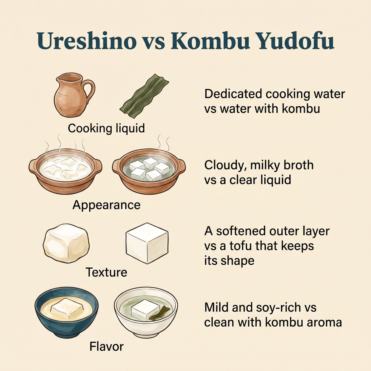 Illustrated comparison of Ureshino Onsen Yudofu and kombu yudofu by cooking liquid, appearance, texture and flavor