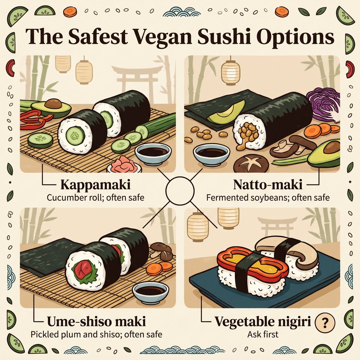 最安全的純素壽司選項插圖:kappamaki、natto-maki、ume-shiso maki 與蔬菜握壽司