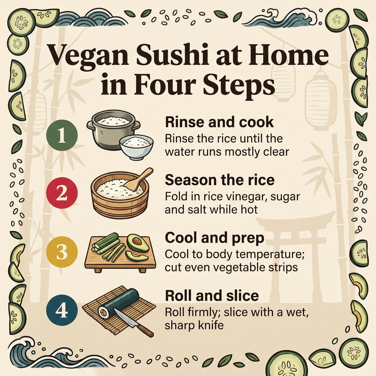 在家製作純素壽司的四個步驟插圖:洗米煮飯、調味、備料與捲製