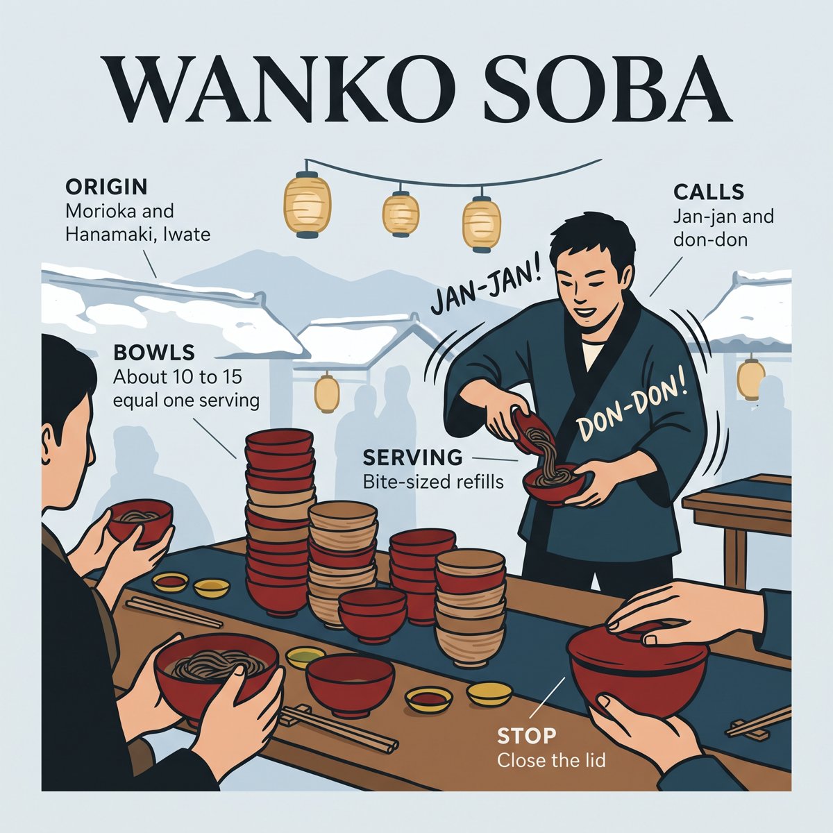 在下雪的岩手宴席上提供的 wanko soba 服務：碗、服務人員與碗蓋規則