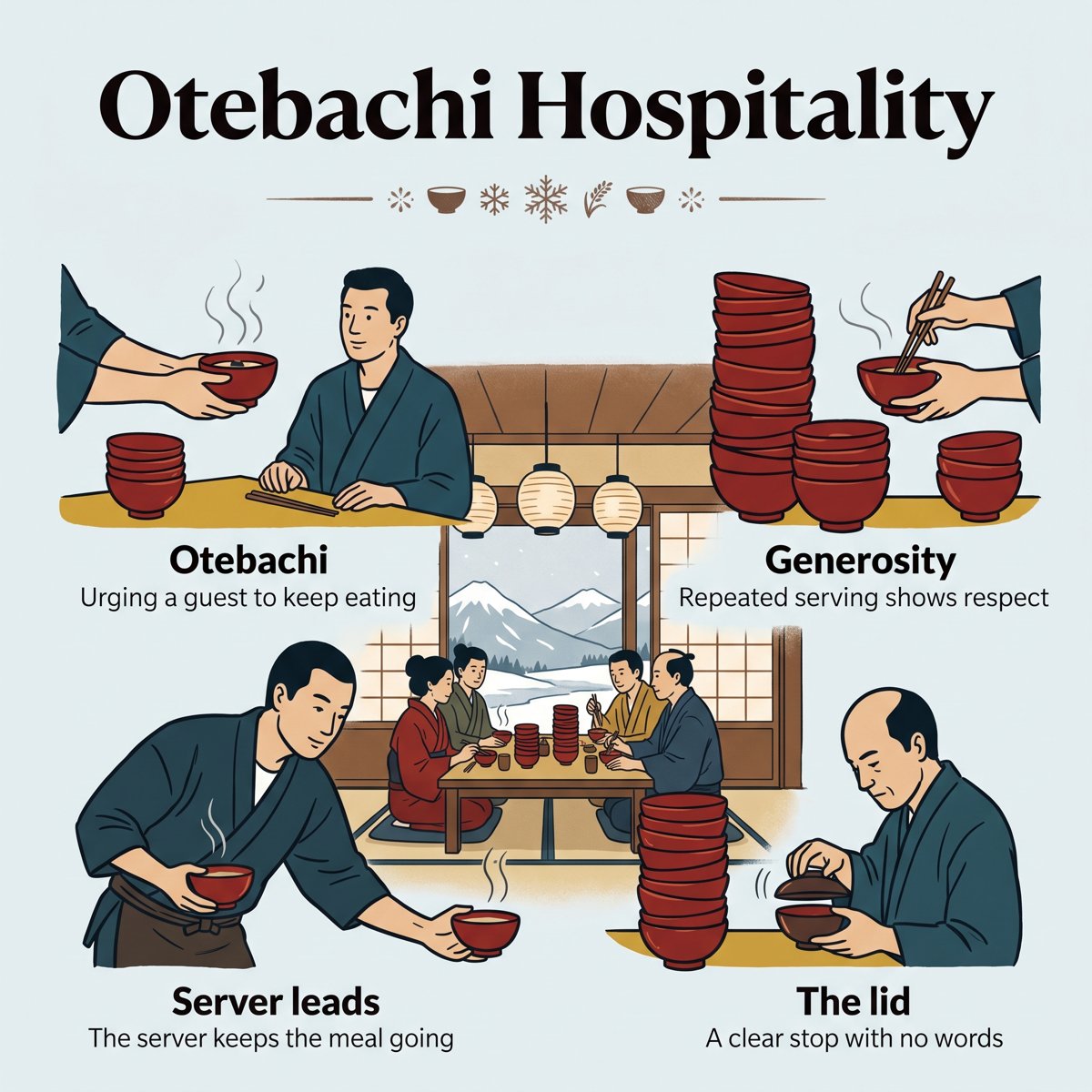 Otebachi 待客之道：勸客人繼續吃，有服務人員與附蓋的碗
