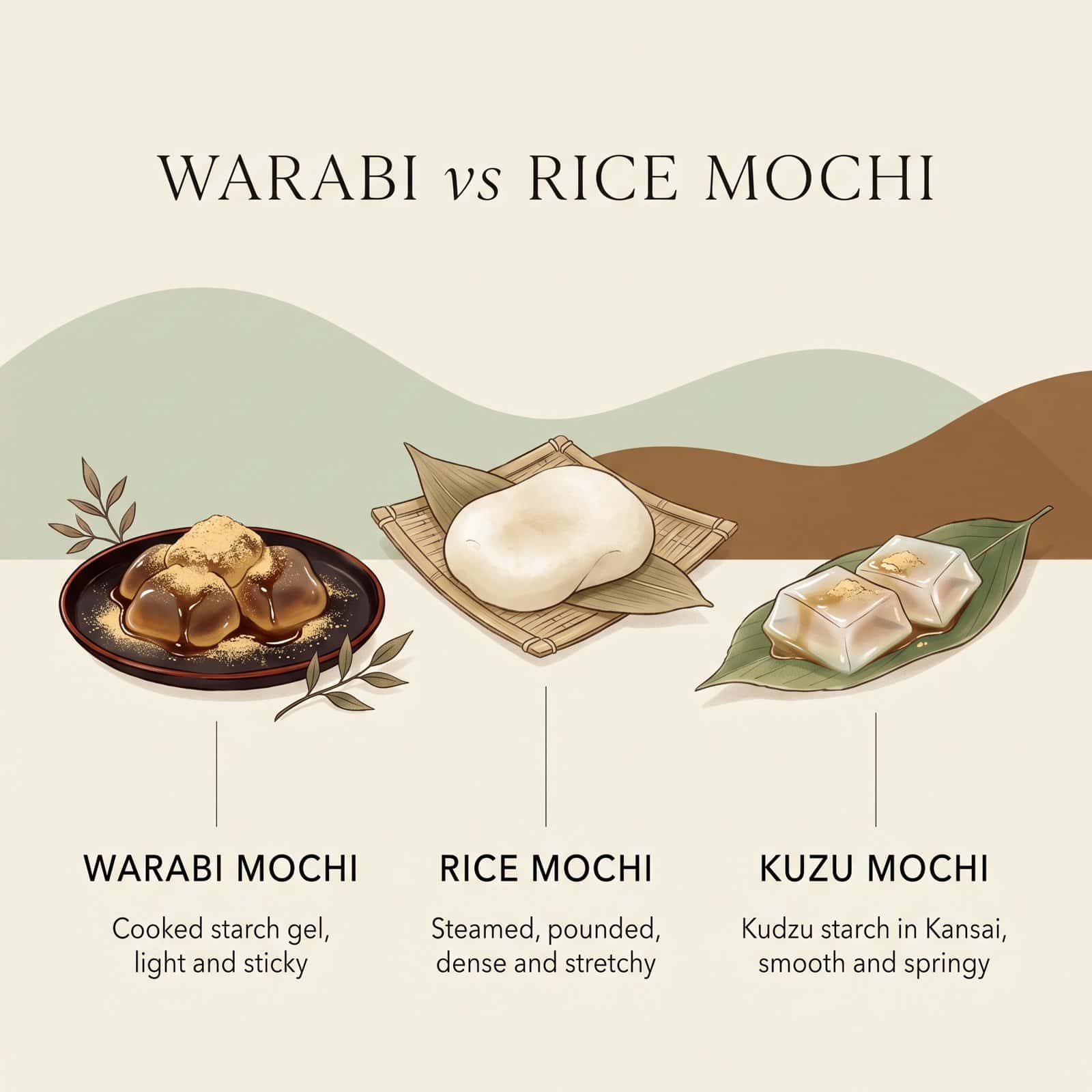 Illustration, die Warabi Mochi, Reis-Mochi und Kuzu Mochi nach Zutaten und Textur vergleicht