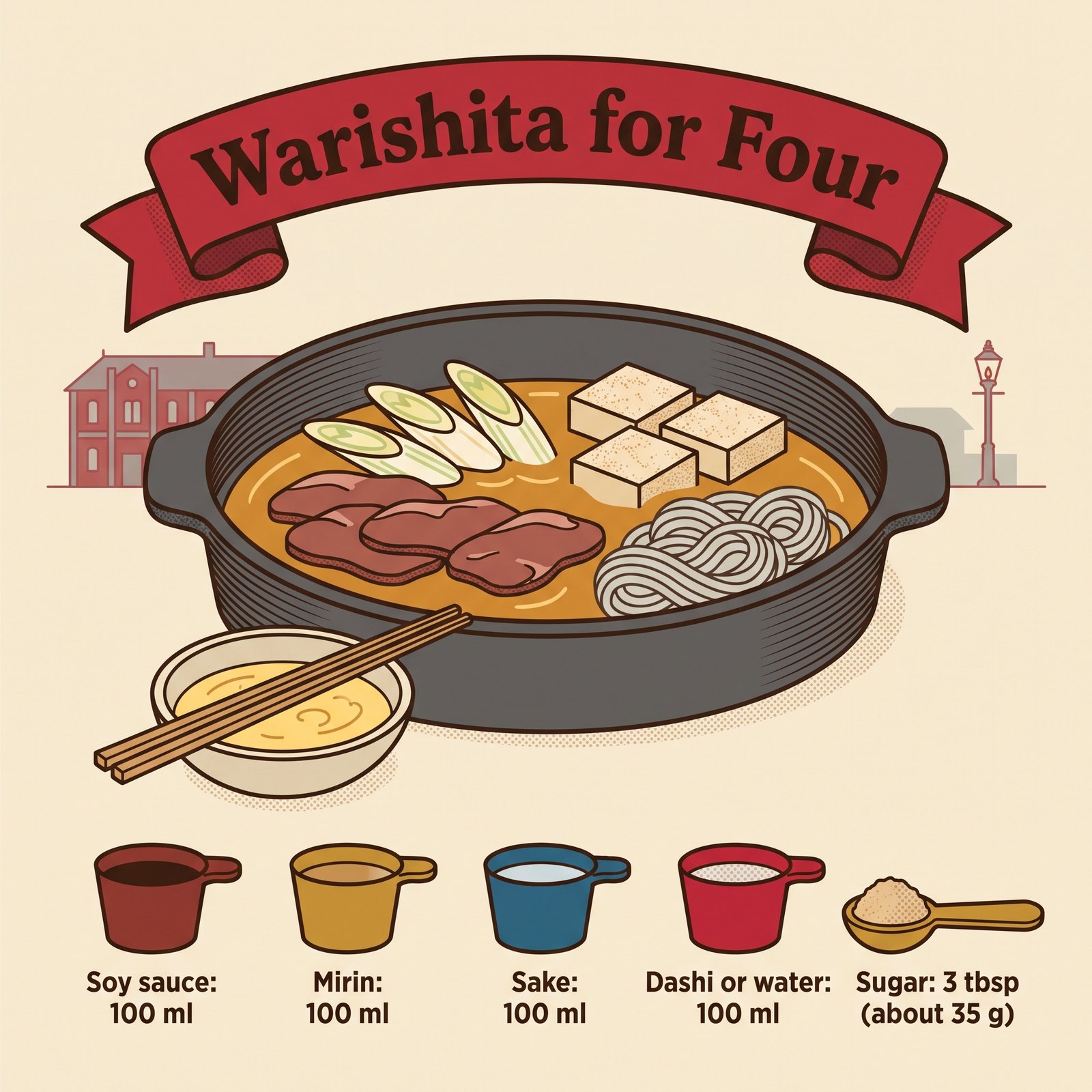 Illustration der Mengen für Warishita im Kanto-Stil für vier Portionen: Sojasauce, Mirin, Sake, Dashi und Zucker