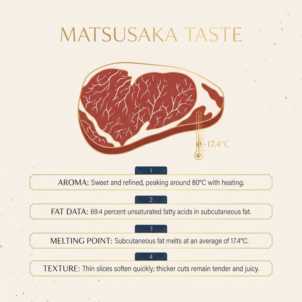 สรุปรสชาติของเนื้อมัตสึซากะ ได้แก่ กลิ่นหอม ข้อมูลไขมัน จุดหลอมเหลว และเนื้อสัมผัส