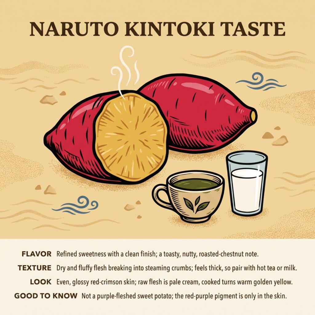 Flavor, texture, and look of Naruto Kintoki: a halved golden potato with green tea and milk