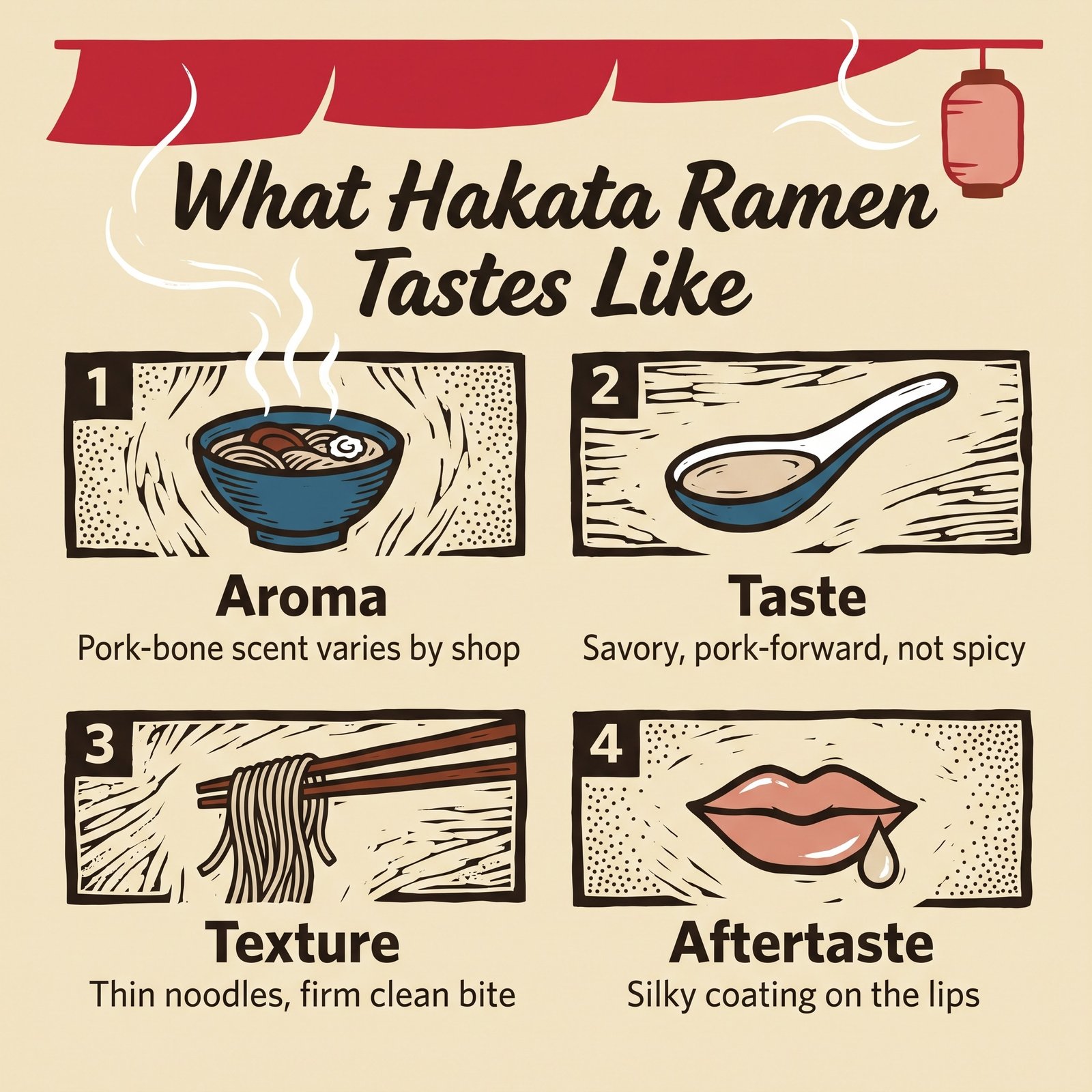 รสชาติของ Hakata ramen: กลิ่น รสชาติ เนื้อสัมผัส และรสที่ค้างในปาก