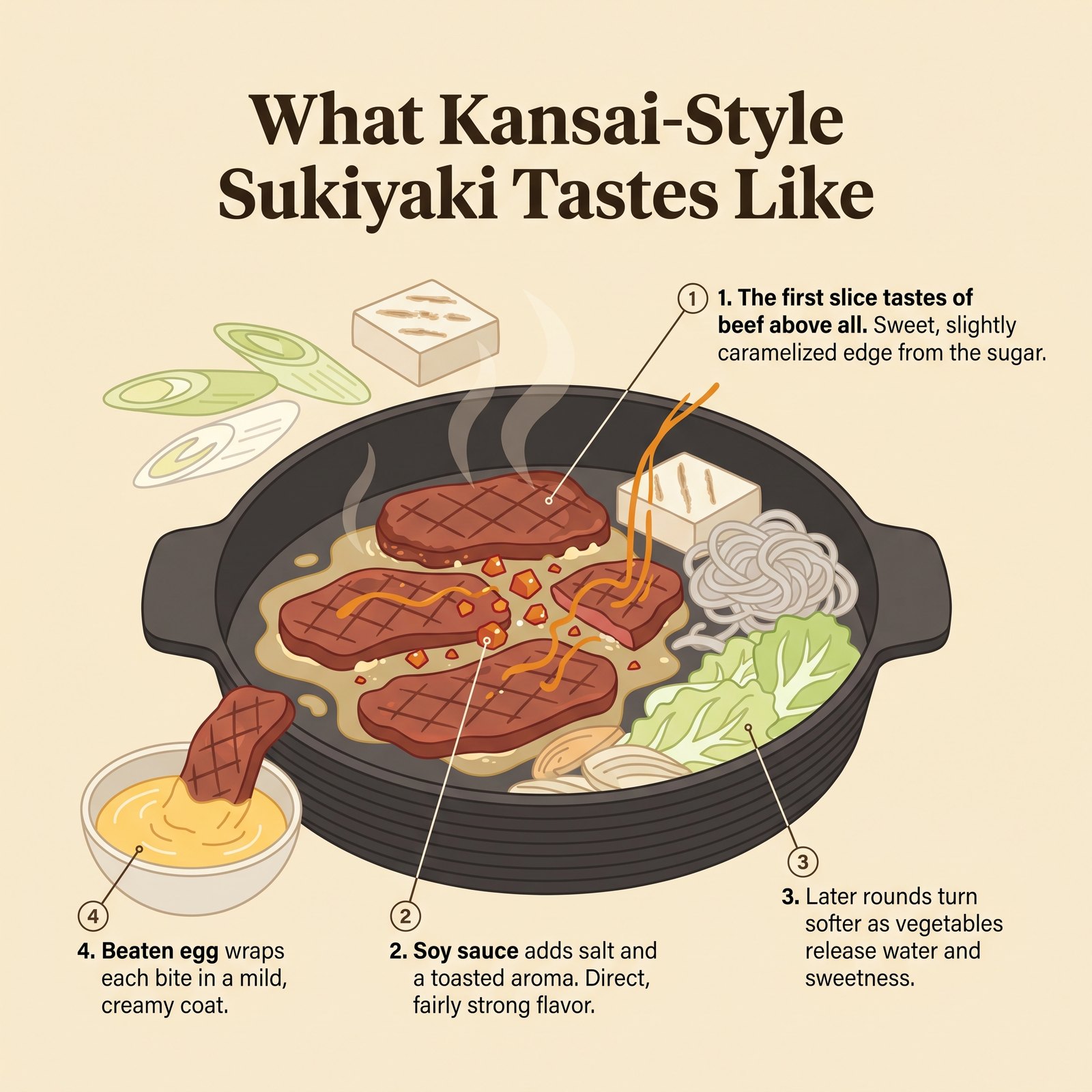Diagrama del sabor del sukiyaki estilo Kansai: protagonismo de la carne, ligero caramelizado del azúcar, aroma de salsa de soja, rondas posteriores más suaves y una cobertura cremosa de huevo