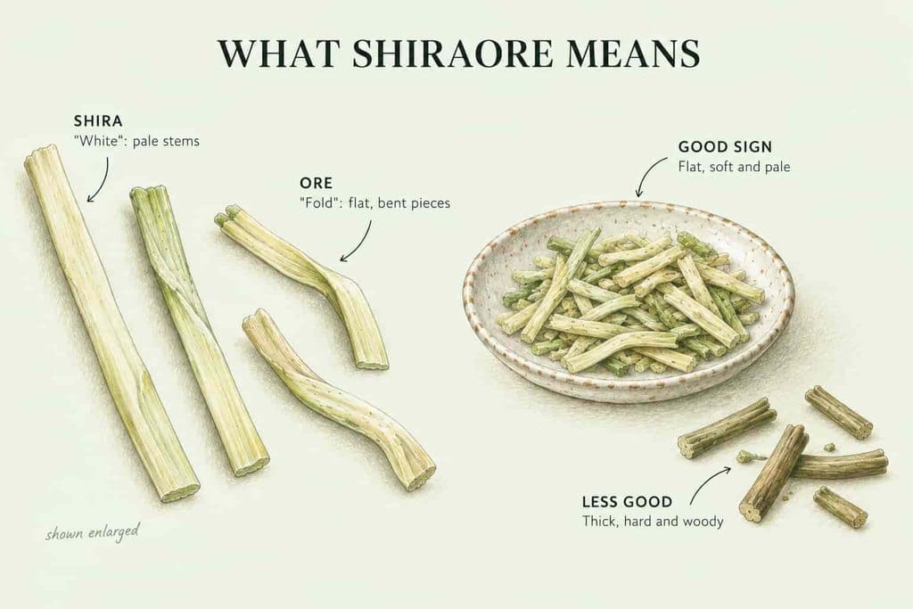Illustrated guide to the meaning of shiraore: pale, flat tea stems shown enlarged, a dish of good shiraore and thicker, darker lower-grade stems
