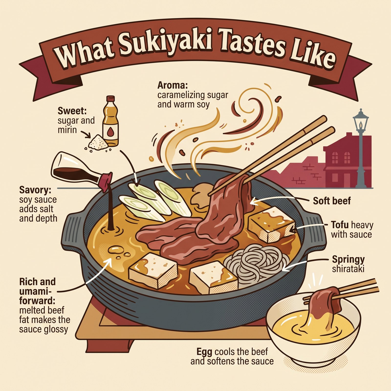 Illustration zum Geschmack von Sukiyaki: süß, würzig, reichhaltig und aromatisch, mit zartem Rindfleisch, Tofu, Shirataki und Ei