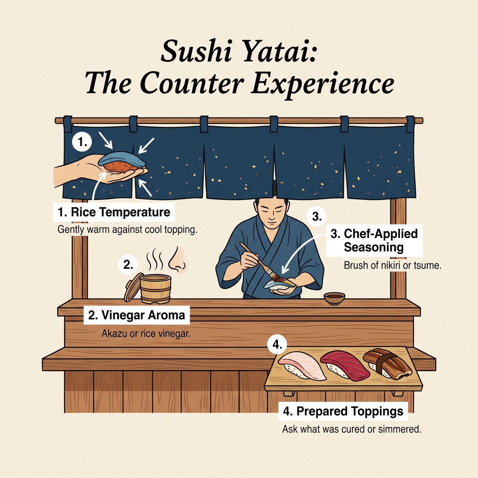 Illustration eines Sushi-Kochs an einem Tresen im Edo-Stil mit vier Dingen, auf die man achten sollte: Reistemperatur, Essigaroma, Würzung und vorbereitete Toppings