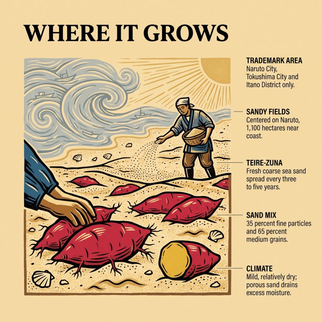 Where Naruto Kintoki grows: the trademark area, sandy fields, teire-zuna sea sand, sand mix, and climate