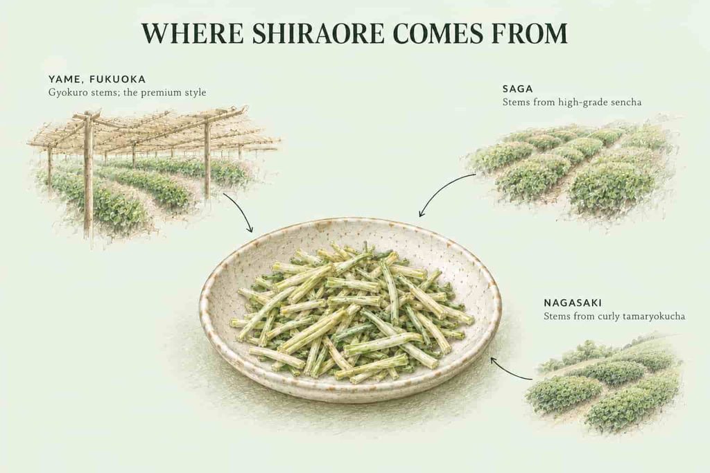 Illustrated guide to where shiraore comes from: gyokuro stems from Yame, sencha stems from Saga and tamaryokucha stems from Nagasaki
