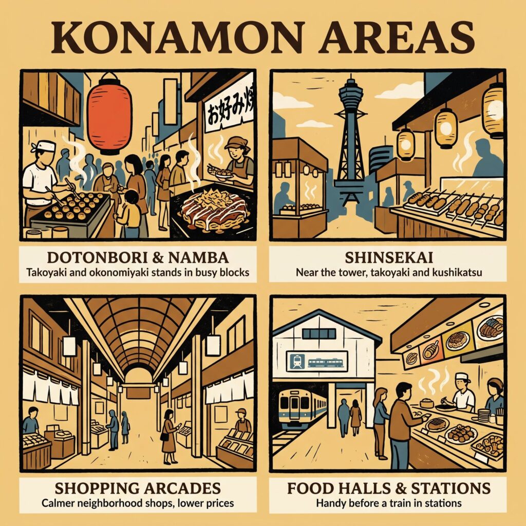 Empat area untuk menyantap konamon di Osaka: Dotonbori dan Namba, Shinsekai, lorong pertokoan, dan food hall