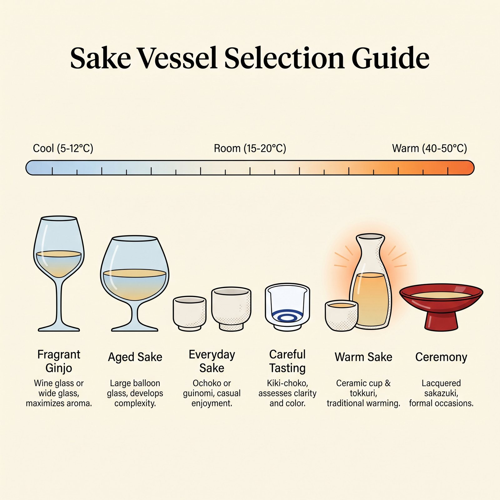 Illustrated guide to which sake vessel suits each type of sake and temperature