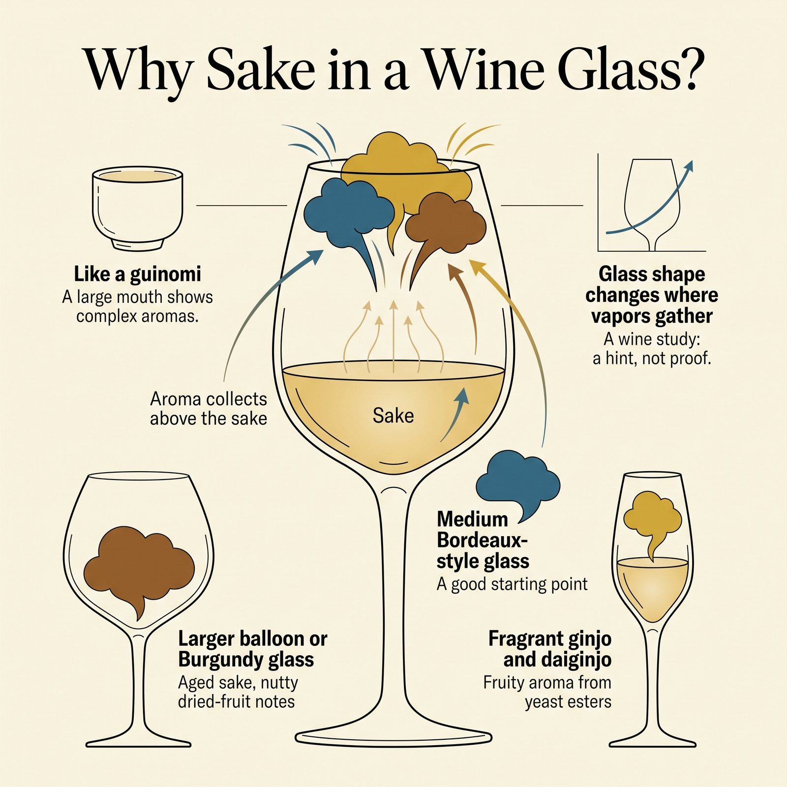 Illustrated guide to why sake is sometimes served in a wine glass