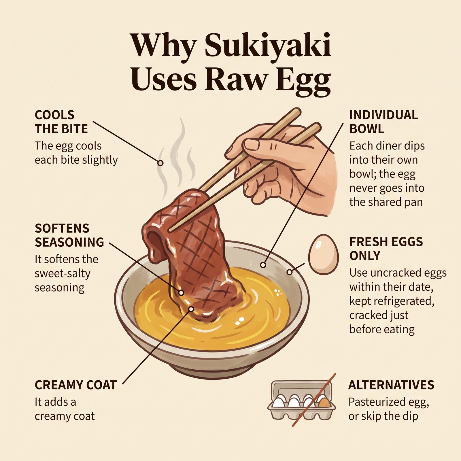 Diagrama de por qué el sukiyaki se toma con huevo crudo: enfría cada bocado, suaviza el condimento, aporta una cobertura cremosa, con notas de seguridad y alternativas