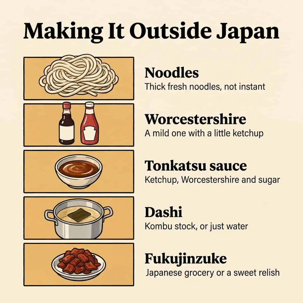Substituts illustrés pour préparer le Yokote Yakisoba hors du Japon : nouilles, sauce Worcestershire, sauce tonkatsu, dashi et Fukujinzuke