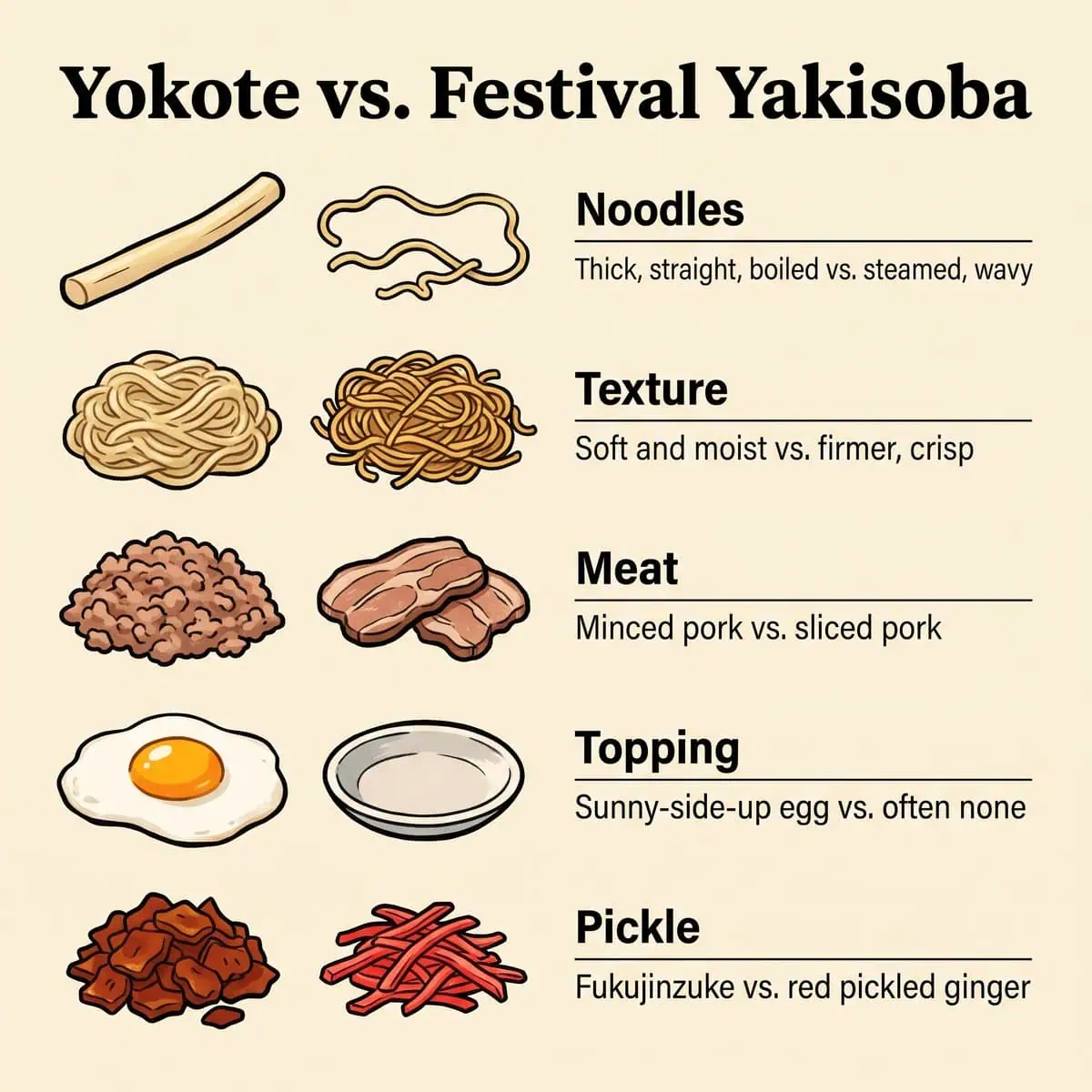 Comparaison illustrée du Yokote Yakisoba et du yakisoba de fête selon les nouilles, la texture, la viande, la garniture et le pickle