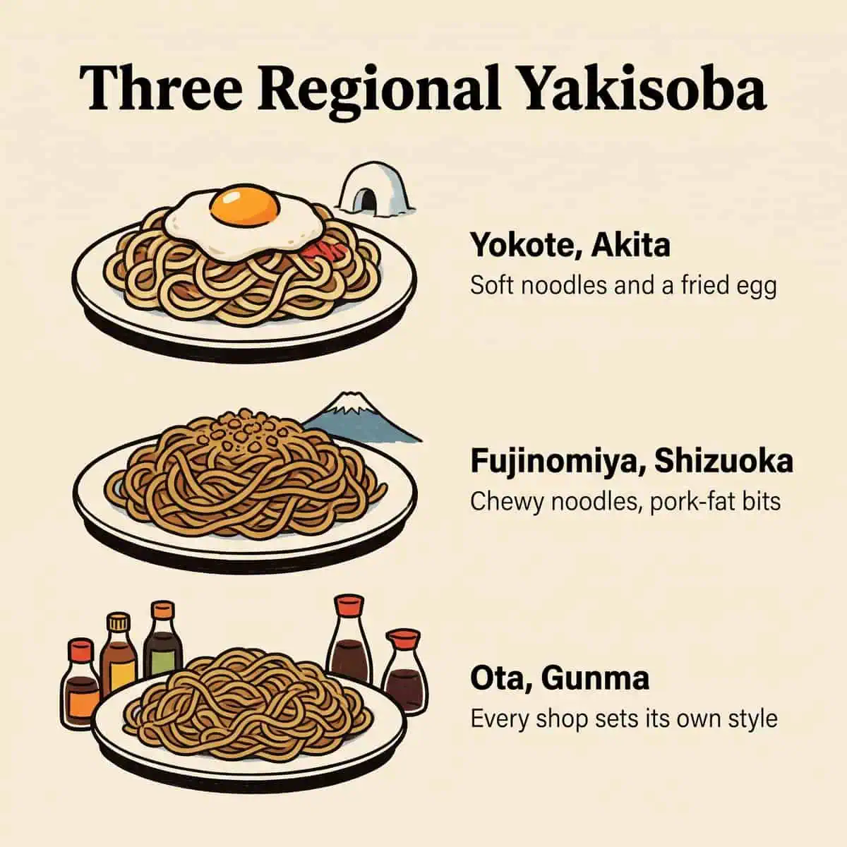 Illustration comparant les yakisoba de Yokote, de Fujinomiya et d’Ota