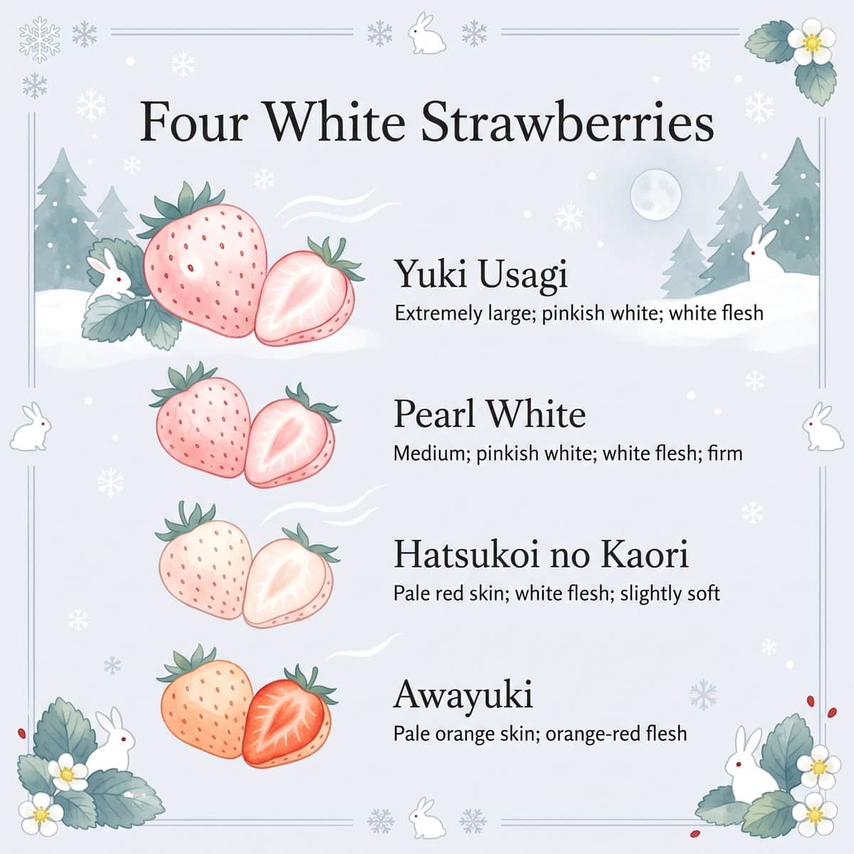 네 가지 흰 딸기인 Yuki Usagi, Pearl White, Hatsukoi no Kaori, Awayuki를 비교한 일러스트